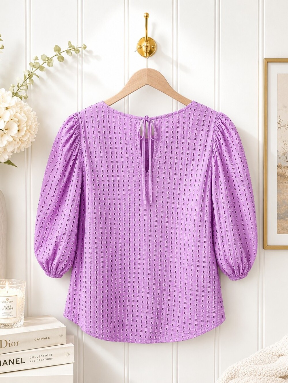 A New Day | Size Large Lavender Eyelet Cotton Puff Sleeve Lined Blouse - Picture 5 of 8